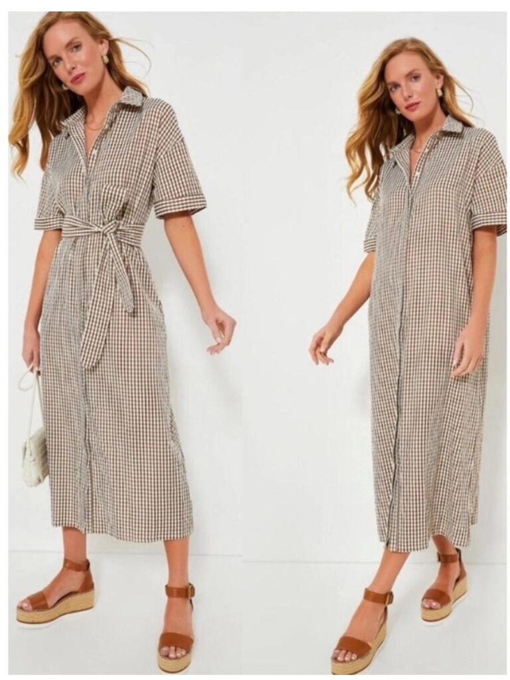 Pomander Place Brown Gingham Midi Shirt Dress